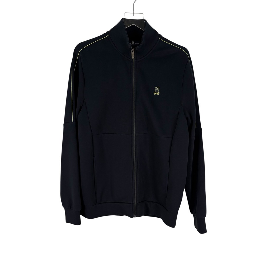 Psycho Bunny Men Navy Blue Full Zip Track Jacket Neon Yellow Piping Logo Size L